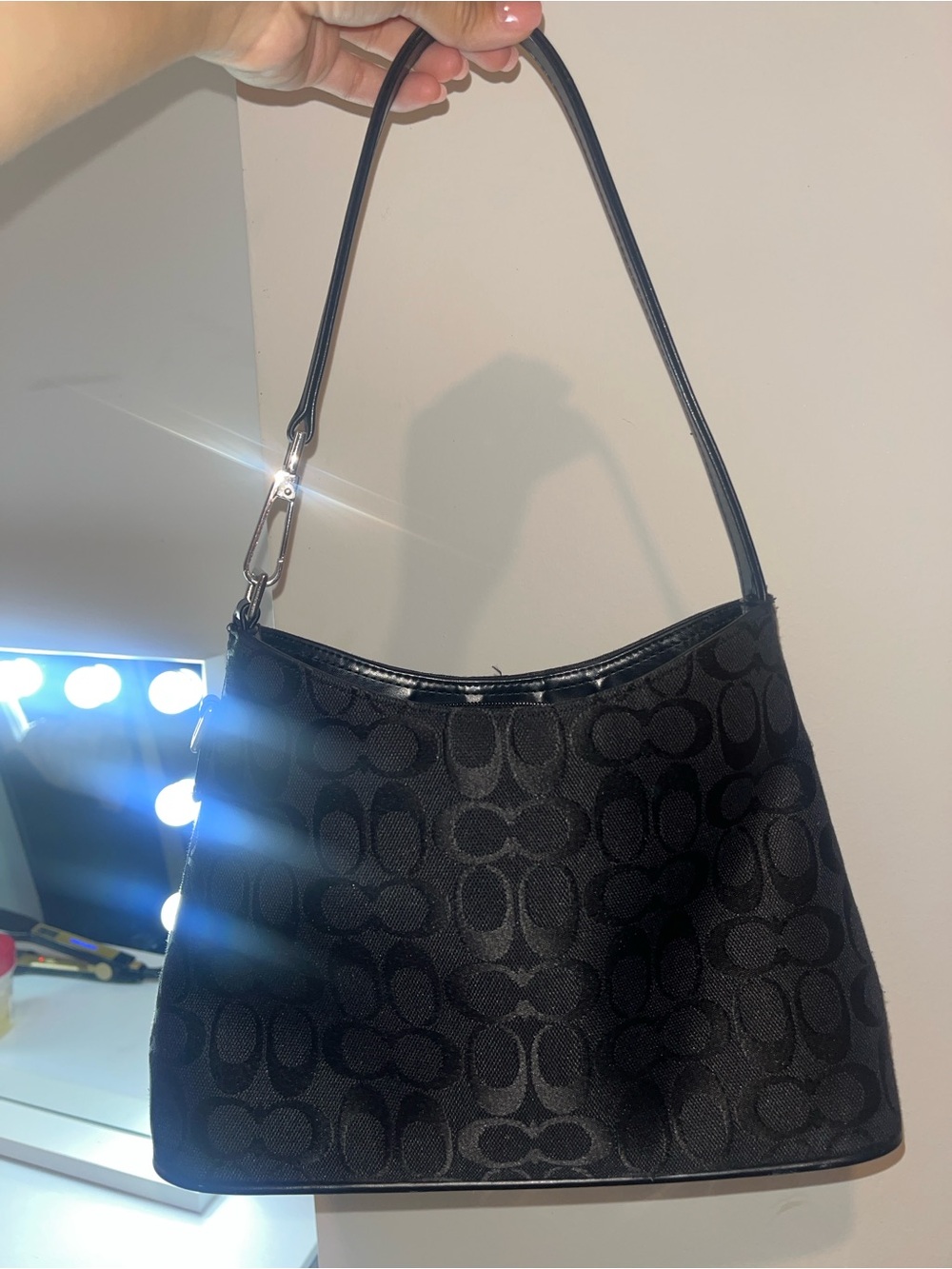 Coach Black Signature Jacquard Shoulder Bag with Patent Trim and Single Strap